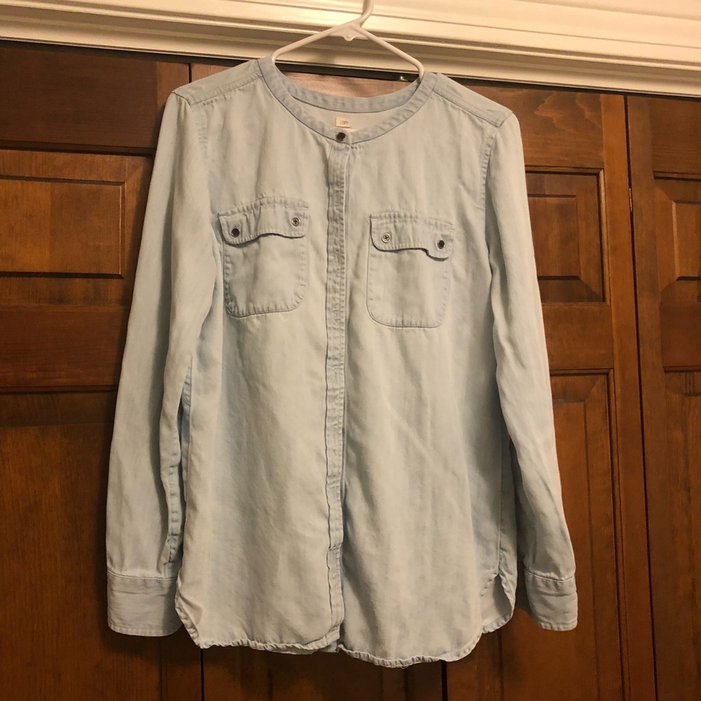 Loft Collarless, Button Down Chambray Tunic Top - image 2